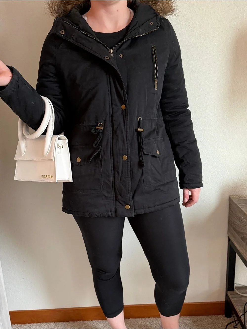 Zenana outfitters Black parka Jacket with Fur-Trimmed Hood, size medium